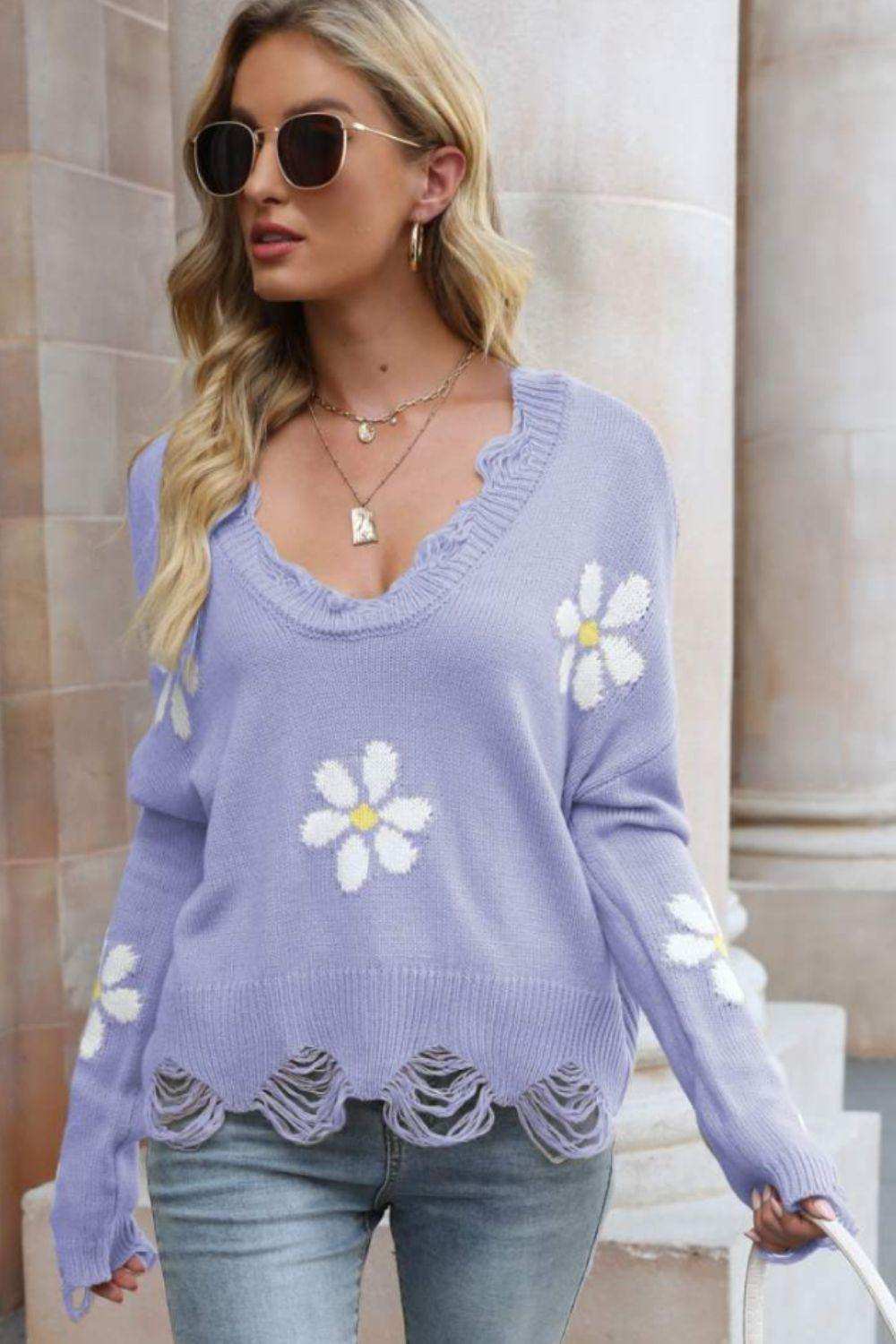 Flower Distressed Ribbed Trim Sweater - Trendsi - Flyclothing LLC