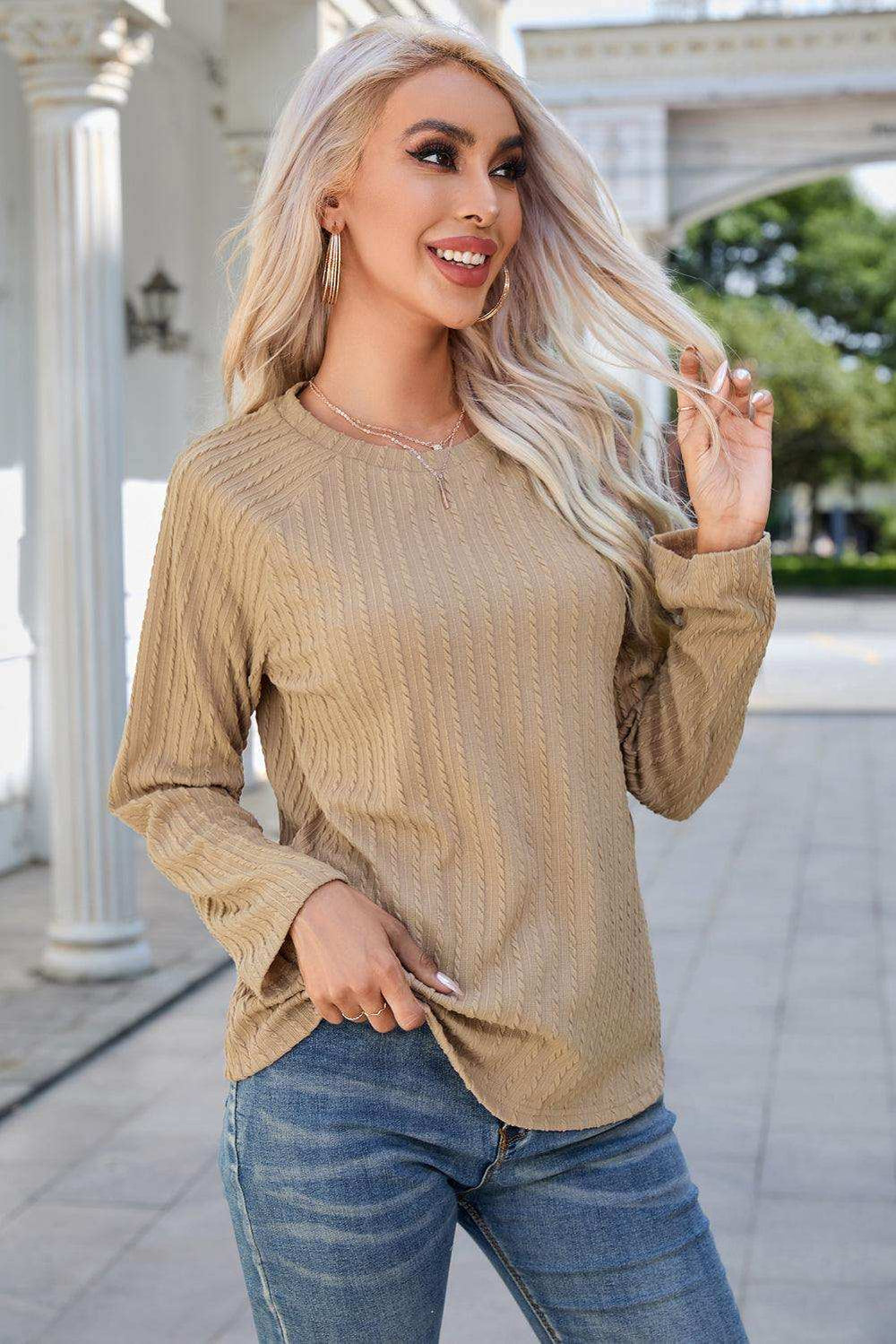 Round Neck Raglan Sleeve Ribbed Blouse - Trendsi - Flyclothing LLC