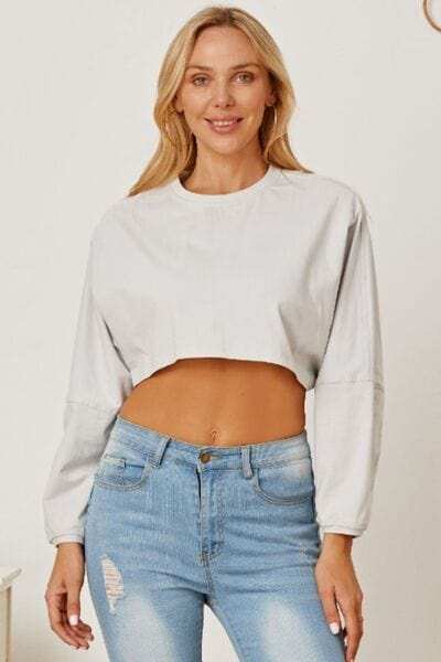 Round Neck Dropped Shoulder Cropped Sweatshirt - Trendsi - Flyclothing LLC