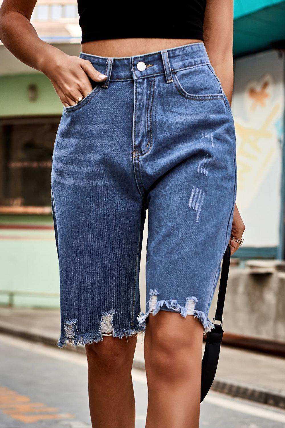 Raw Hem High Waist Denim Shorts with Pockets - Trendsi - Flyclothing LLC
