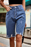 Raw Hem High Waist Denim Shorts with Pockets - Trendsi - Flyclothing LLC