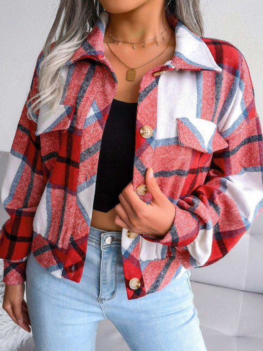 Plaid Collared Neck Drop Shoulder Jacket - Trendsi - Flyclothing LLC