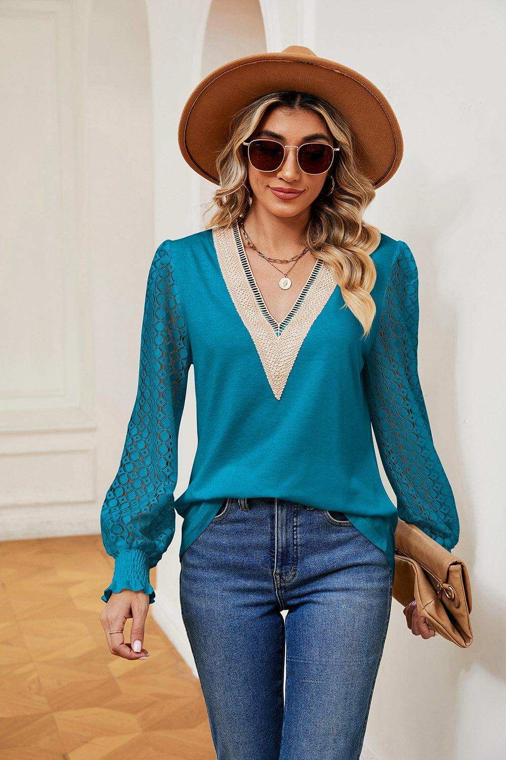 Contrast V-Neck Long Sleeve Blouse - Trendsi - Flyclothing LLC