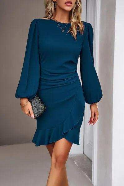 Ruched Ruffled Balloon Sleeve Mini Dress - Trendsi - Flyclothing LLC