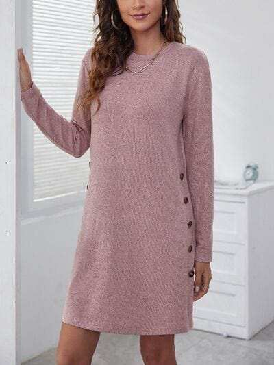 Decorative Button Round Neck Dress - Trendsi - Flyclothing LLC