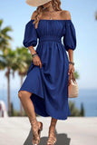 Square Neck Smocked Waist Puff Sleeve Midi Dress - Trendsi - Flyclothing LLC
