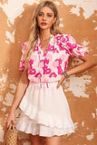 Floral Tie Neck Ruffle Shoulder Blouse - Trendsi - Flyclothing LLC