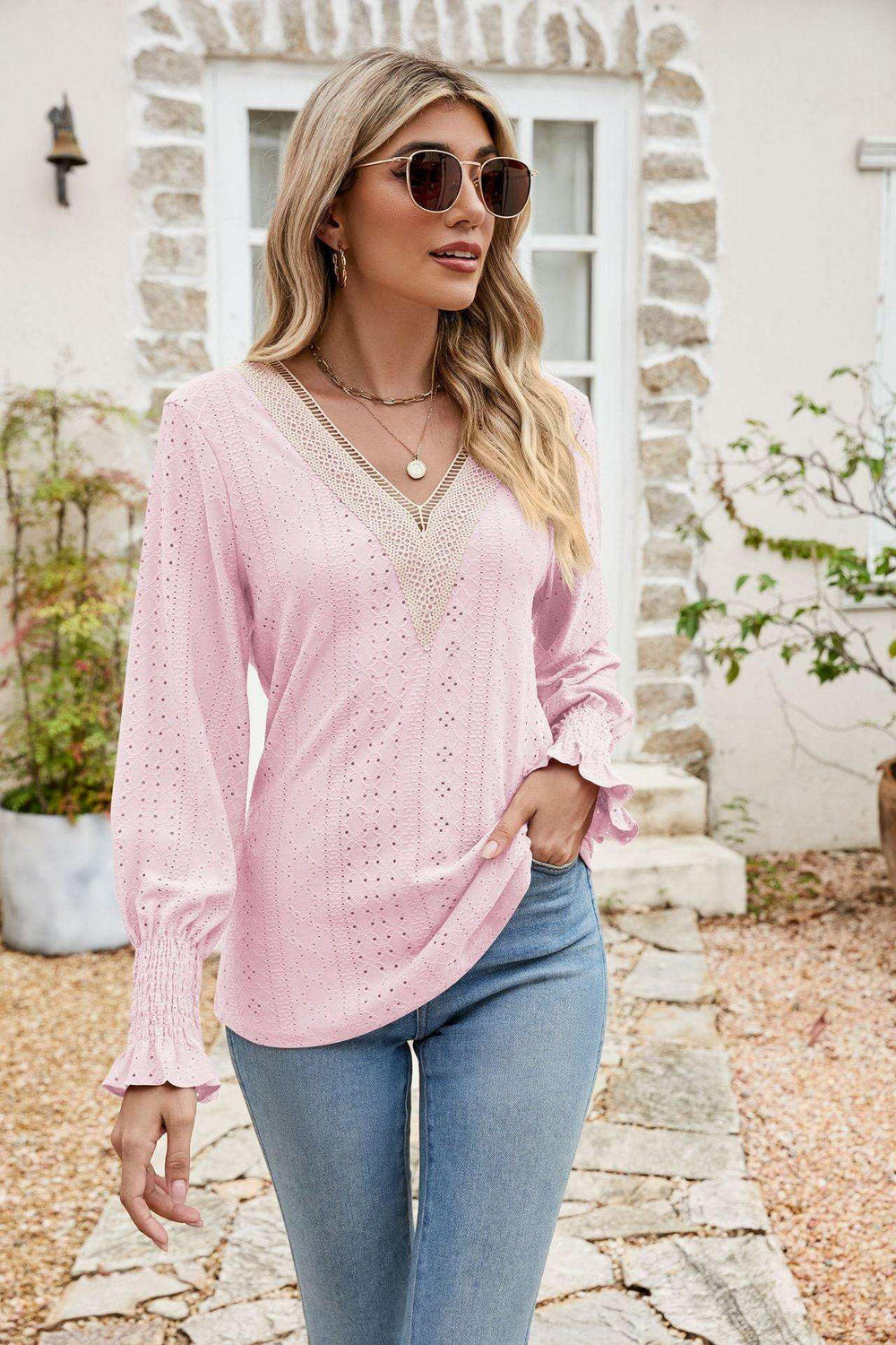 Eyelet V-Neck Smocked Flounce Sleeve Blouse - Trendsi - Flyclothing LLC