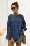 Round Neck Bubble Sleeve Tiered Blouse - Trendsi - Flyclothing LLC