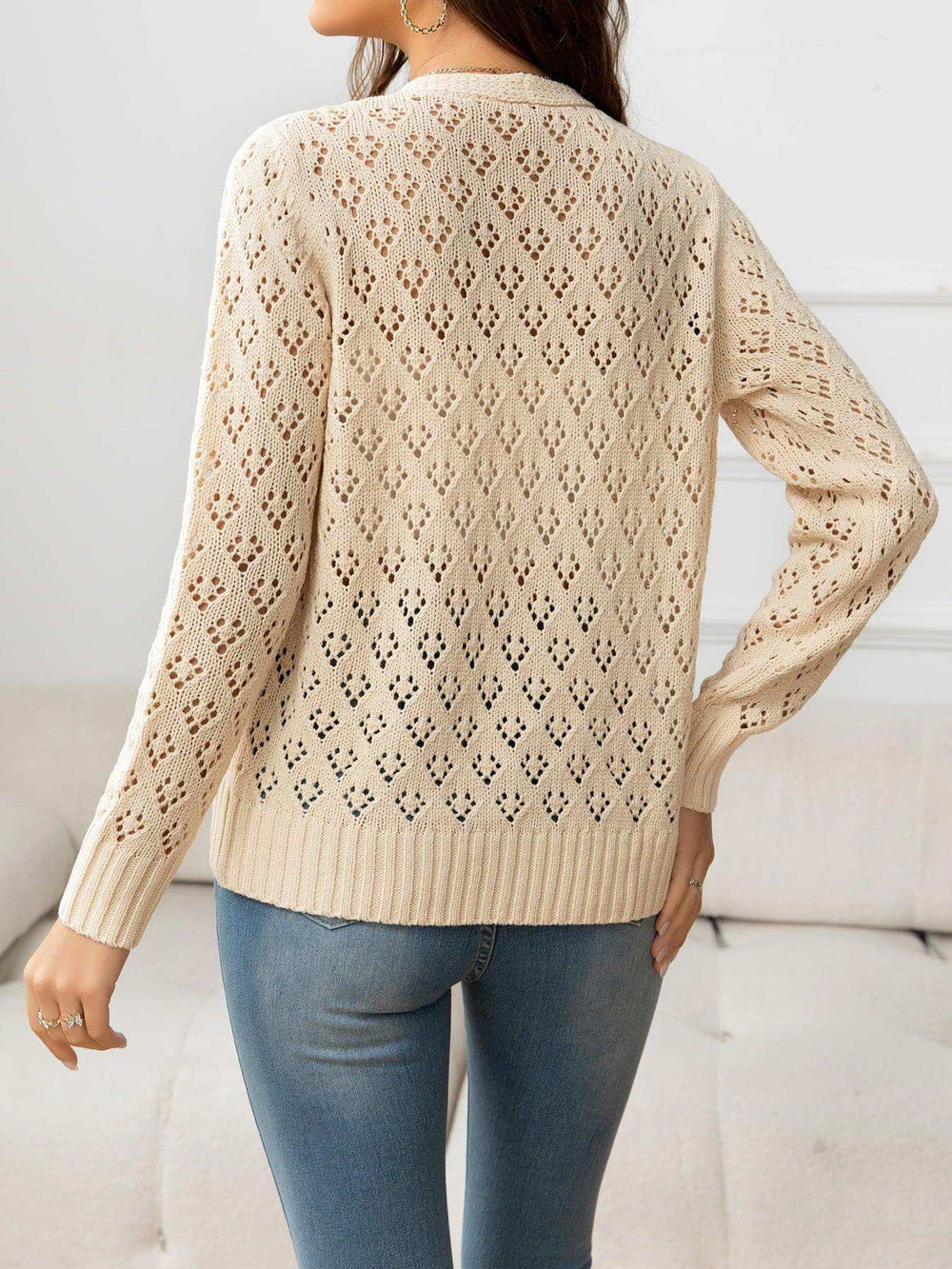 Openwork V-Neck Buttoned Knit Top - Trendsi - Flyclothing LLC