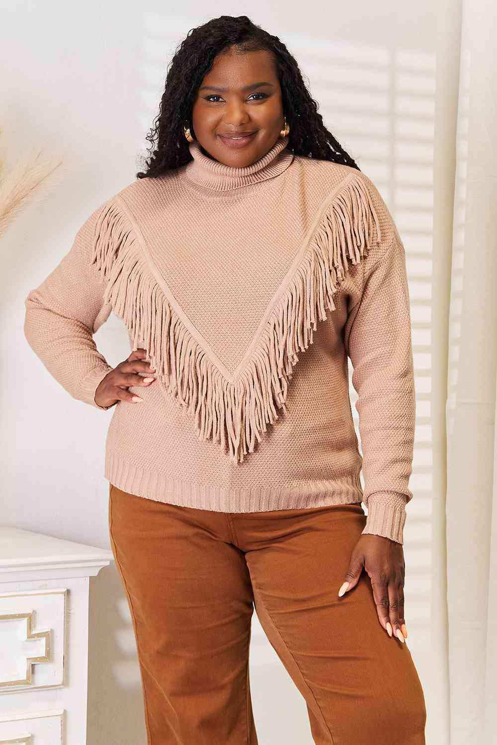 Woven Right Turtleneck Fringe Front Long Sleeve Sweater - Trendsi - Flyclothing LLC