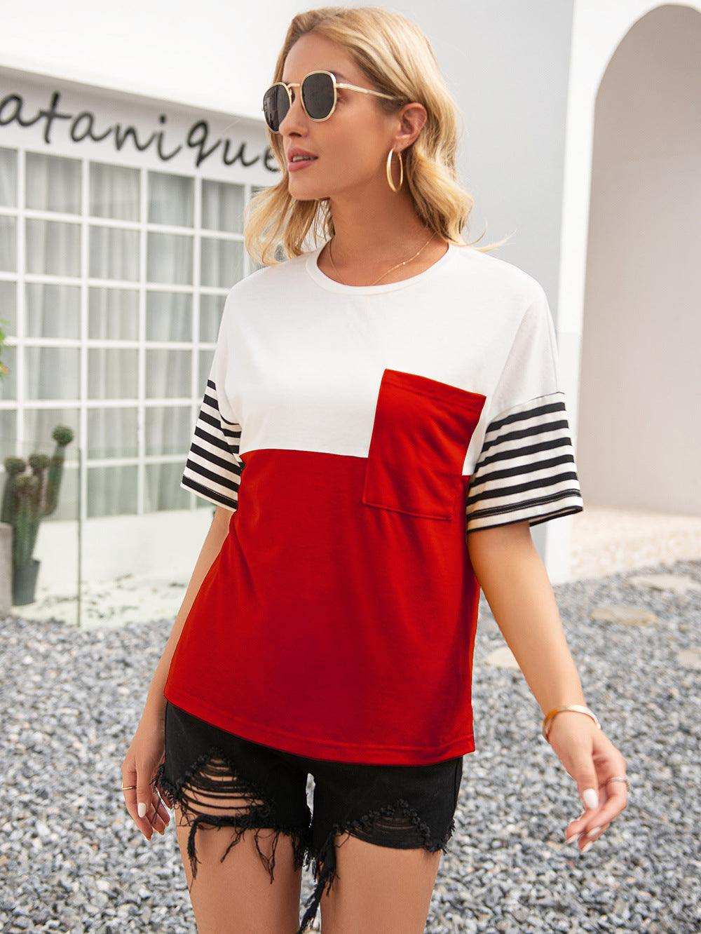Striped Color Block Round Neck Tee - Trendsi - Flyclothing LLC