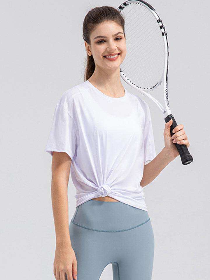 Round Neck Short Sleeve Active Top - Trendsi - Flyclothing LLC