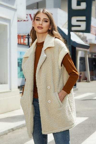 Fuzzy Collared Neck Button Up Vest Coat - Trendsi - Flyclothing LLC