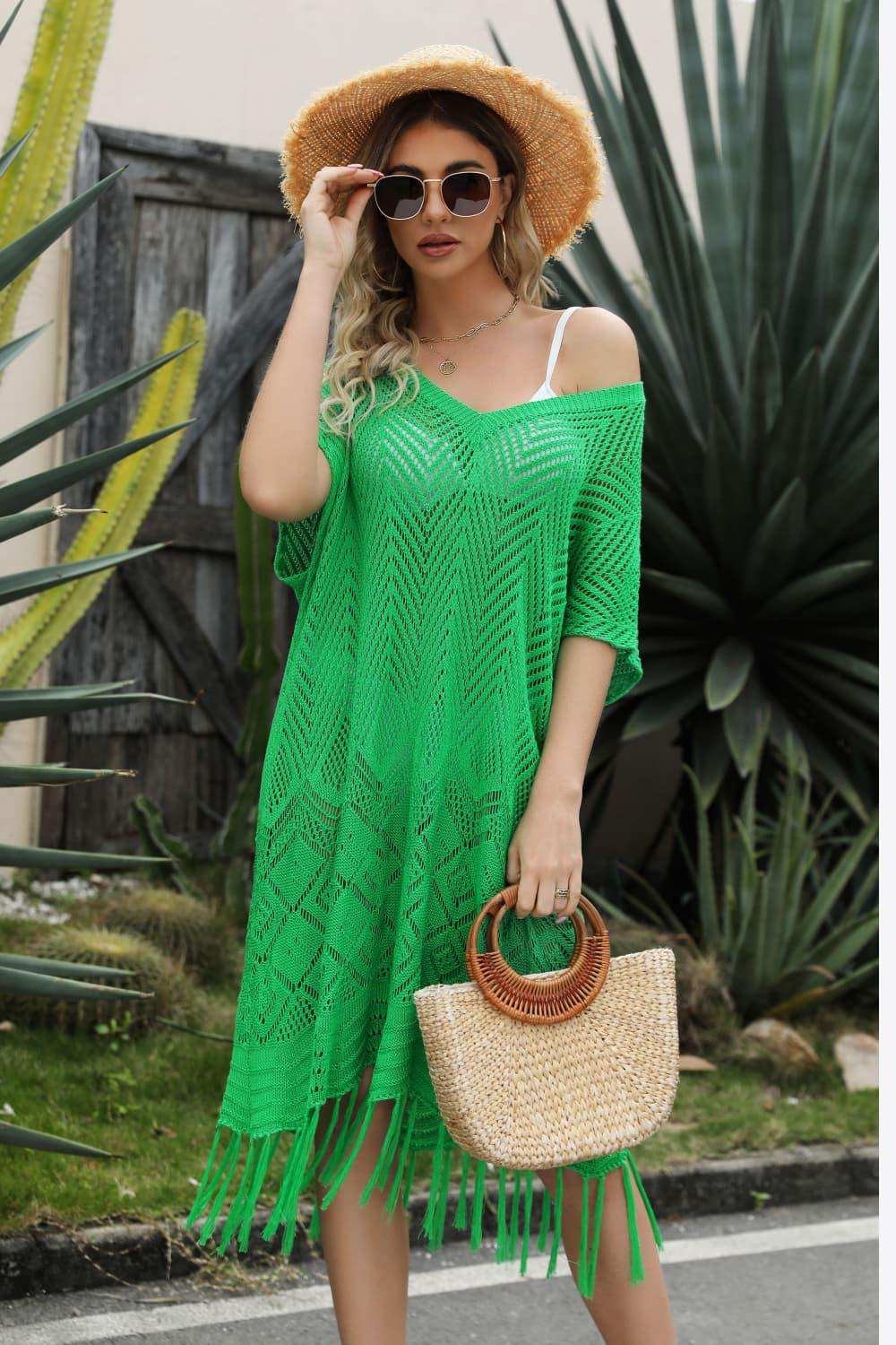V-Neck Short Sleeve Fringe Hem Knit Dress - Trendsi - Flyclothing LLC