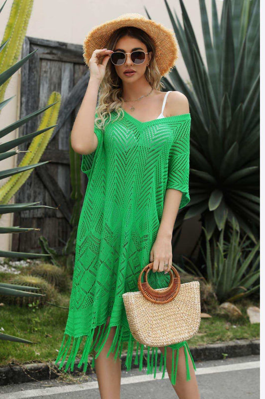 V-Neck Short Sleeve Fringe Hem Knit Dress - Trendsi - Flyclothing LLC