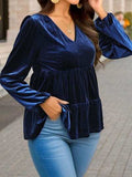 V-Neck Balloon Sleeve Peplum Blouse - Trendsi - Flyclothing LLC