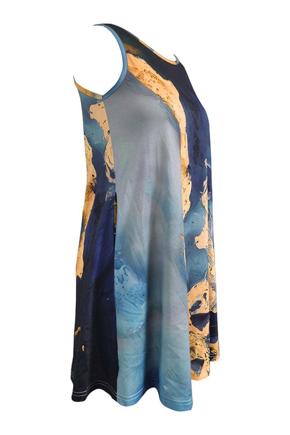 Abstract Print Round Neck Sleeveless Dress with Pockets - Trendsi - Flyclothing LLC