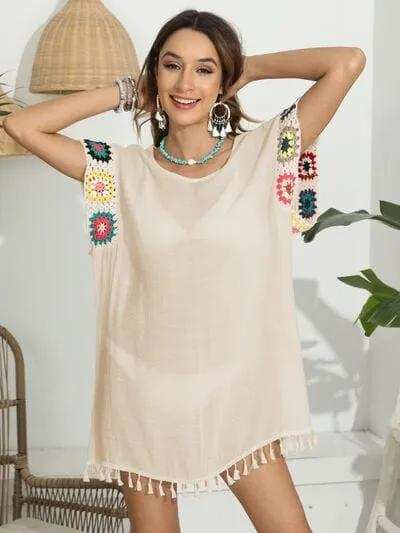 Tassel Boat Neck Flutter Sleeve Cover Up - Trendsi - Flyclothing LLC
