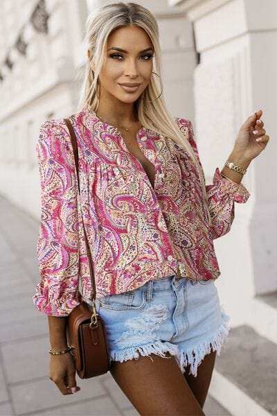 Printed Frill Flounce Sleeve Shirt - Trendsi - Flyclothing LLC