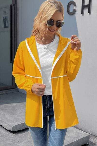 Zip Up Long Sleeve Hooded Watertight Jacket - Trendsi - Flyclothing LLC