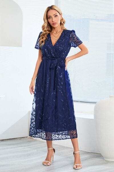 Sequin Leaf Embroidery Tie Front Short Sleeve Dress - Trendsi - Flyclothing LLC
