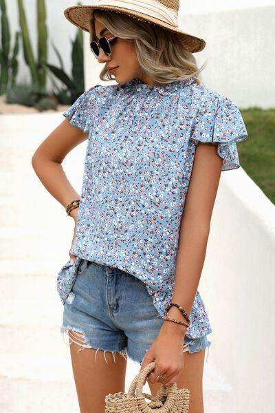 Ditsy Floral Mock Neck Short Sleeve T-Shirt - Trendsi - Flyclothing LLC