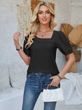 Eyelet Asymmetrical Neck Short Sleeve T-Shirt - Trendsi - Flyclothing LLC