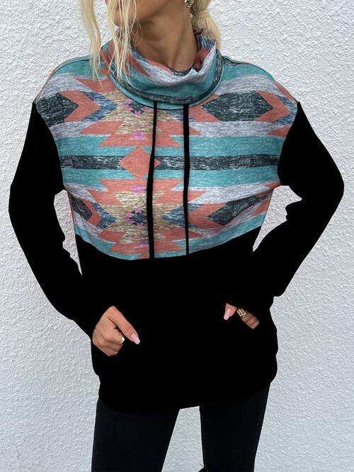 Geometric Drawstring Long-Sleeve Sweatshirt - Trendsi - Flyclothing LLC