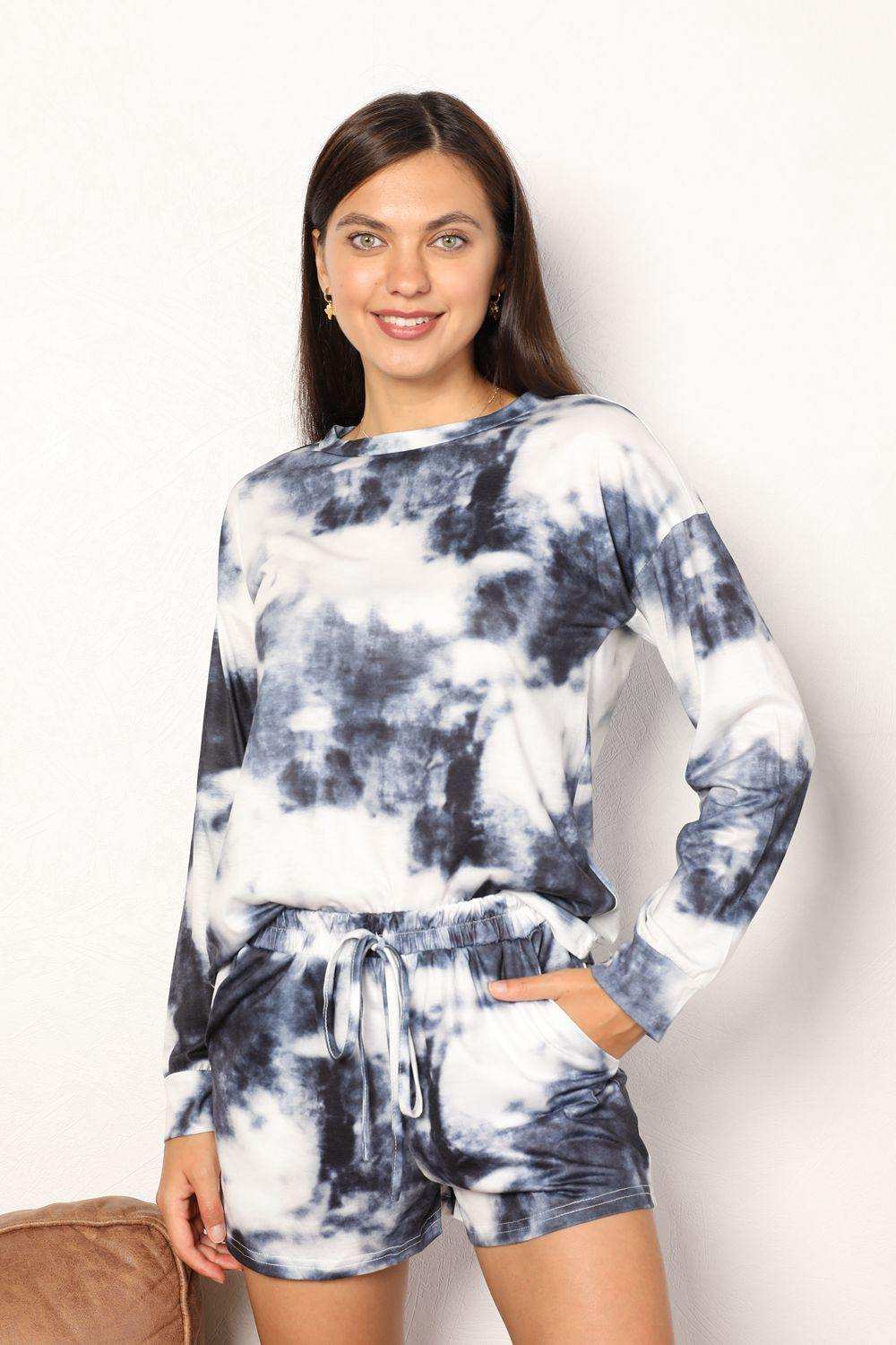 Double Take Tie-Dye Round Neck Top and Shorts Lounge Set - Trendsi - Flyclothing LLC