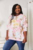 Double Take Floral Round Neck Three-Quarter Sleeve Top - Trendsi - Flyclothing LLC