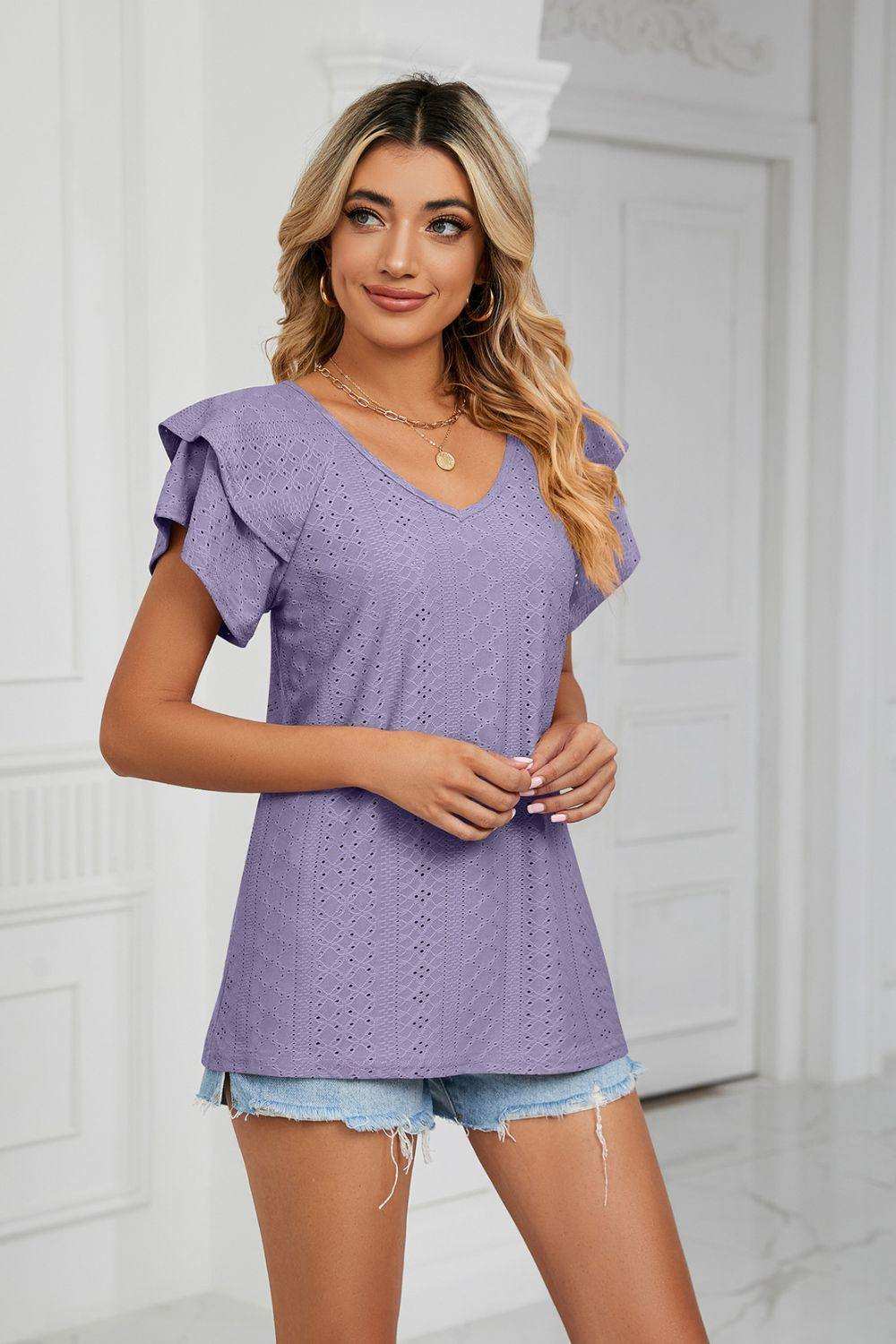 Eyelet Layered Flutter Sleeve V-Neck Knit Top - Trendsi - Flyclothing LLC
