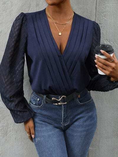 Ruched Surplice Long Sleeve Bodysuit - Trendsi - Flyclothing LLC