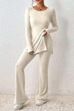 Ribbed Long Sleeve Slit Top and Bootcut Pants Set - Trendsi - Flyclothing LLC