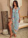 Ruffled Printed Tie Neck Cap Sleeve Dress - Trendsi - Flyclothing LLC