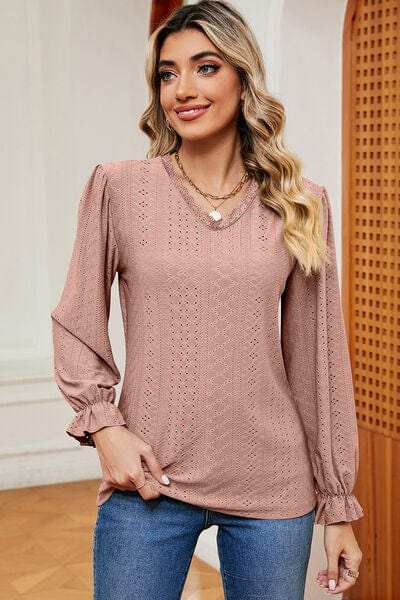 Eyelet V-Neck Flounce Sleeve T-Shirt - Trendsi - Flyclothing LLC