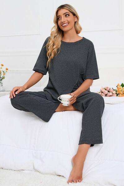 Slit Round Neck Top and Pants Lounge Set - Trendsi - Flyclothing LLC