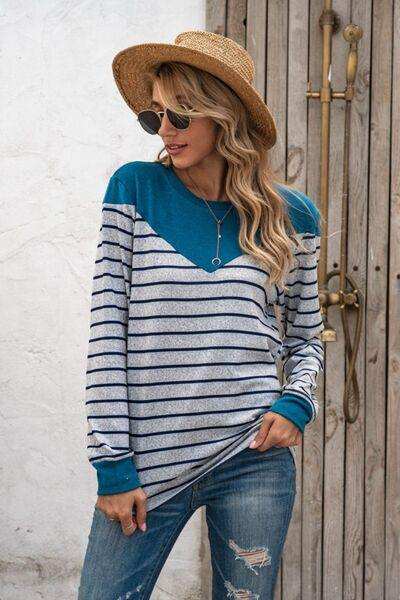 Striped Round Neck Long Sleeve T-Shirt - Trendsi - Flyclothing LLC