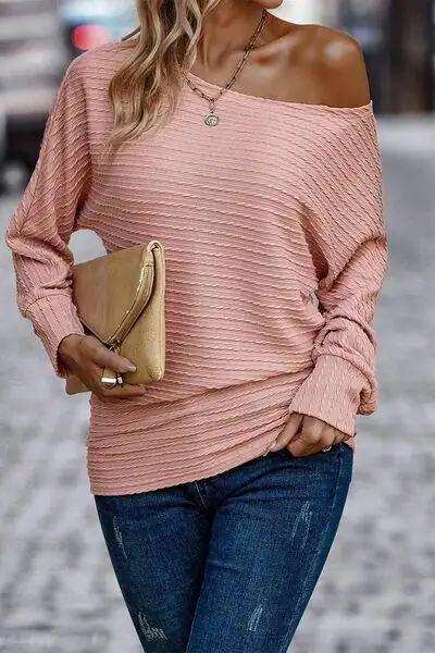Texture Round Neck Long Sleeve Top - Trendsi - Flyclothing LLC