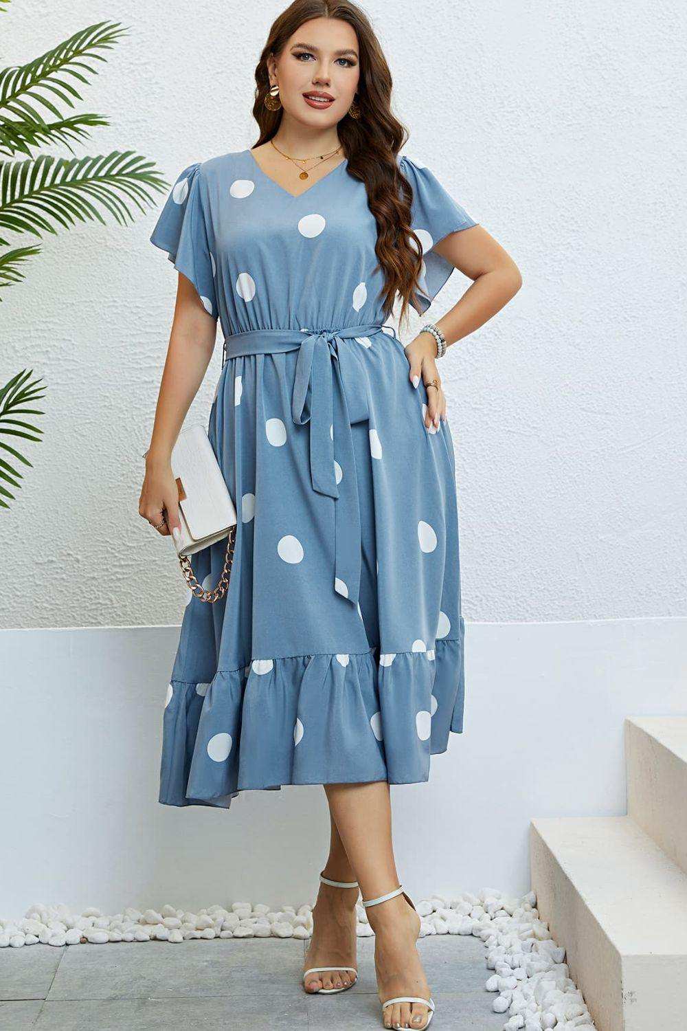 Polka Dot Belted Flutter Sleeve Ruffle Hem Dress - Trendsi - Flyclothing LLC