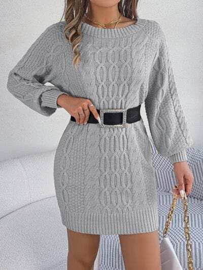 Cable-Knit Round Neck Sweater Dress - Trendsi - Flyclothing LLC