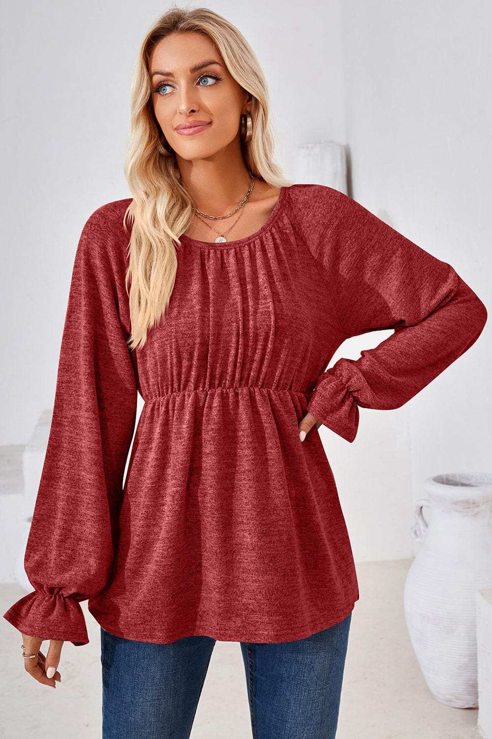 Ruched Round Neck Flounce Sleeve Blouse - Trendsi - Flyclothing LLC