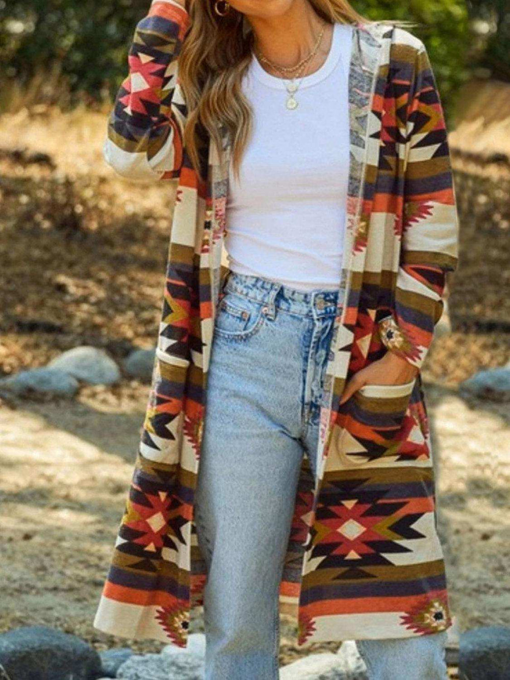 Geometric Hooded Cardigan with Pockets - Trendsi - Flyclothing LLC