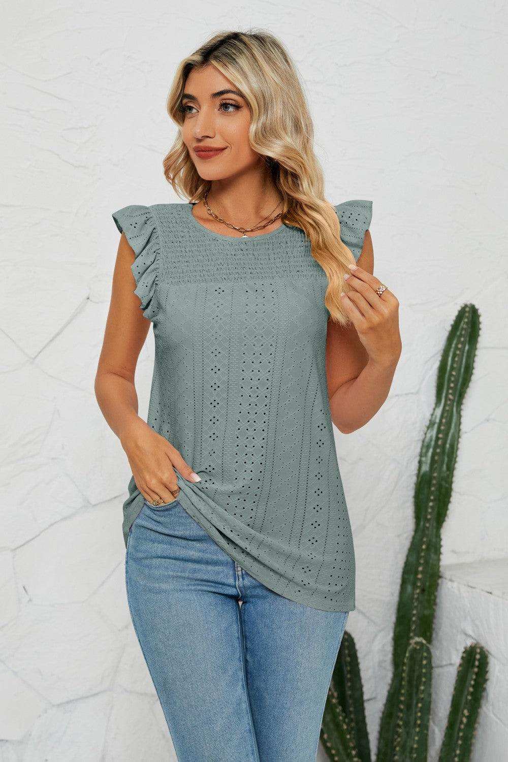 Smocked Round Neck Eyelet Top - Trendsi - Flyclothing LLC