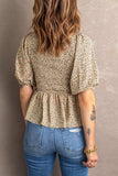 Smocked Balloon Sleeve Peplum Blouse - Trendsi - Flyclothing LLC
