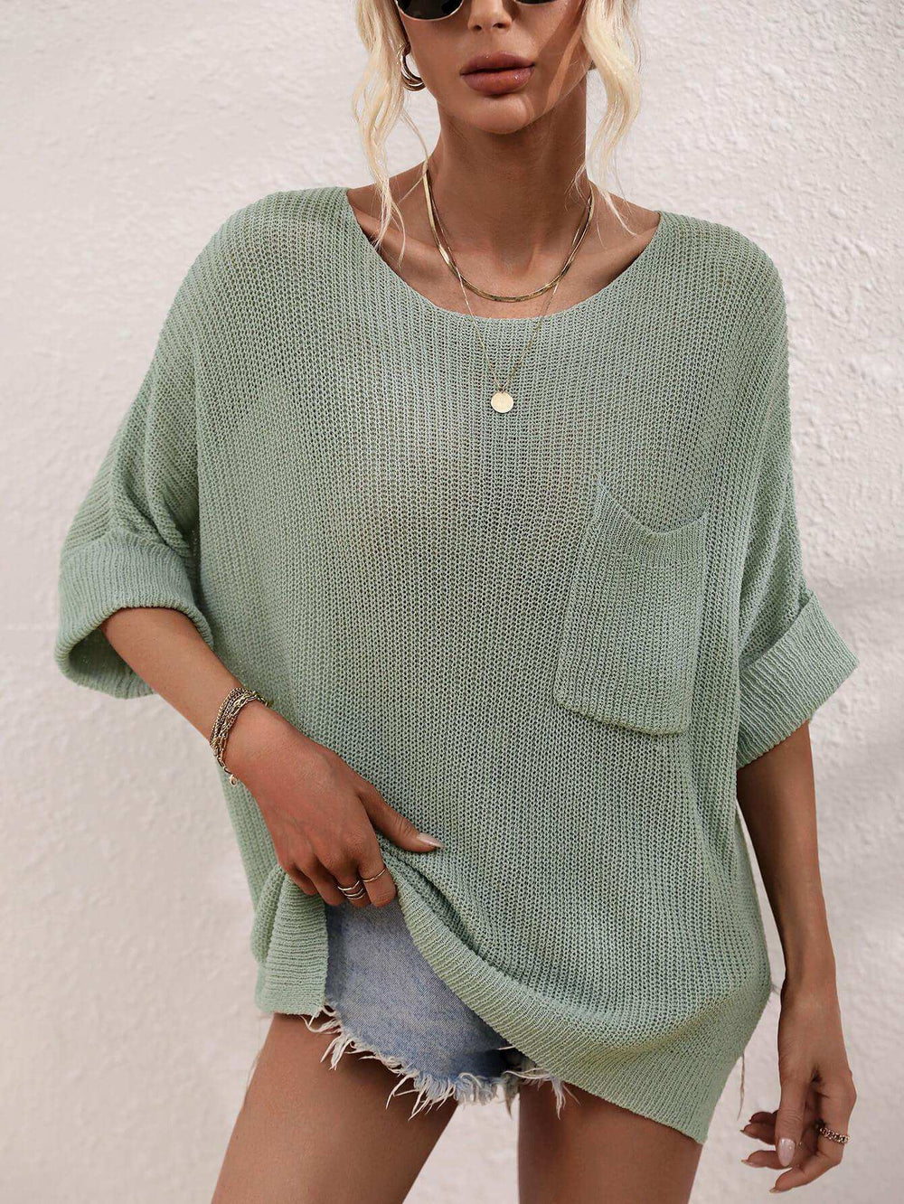 Boat Neck Cuffed Sleeve Slit Tunic Knit Top - Trendsi - Flyclothing LLC