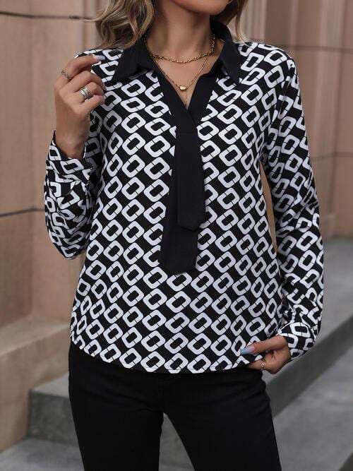 Printed Collared Neck Long Sleeve Shirt - Trendsi - Flyclothing LLC