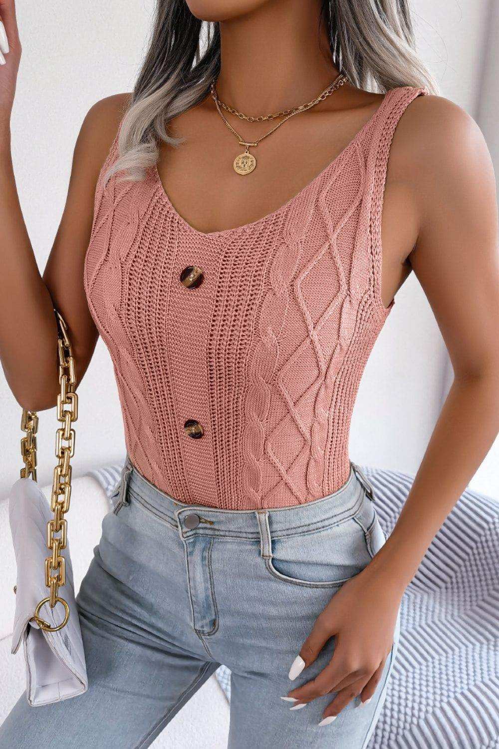 Decorative Button Mixed Knit Tank - Trendsi - Flyclothing LLC