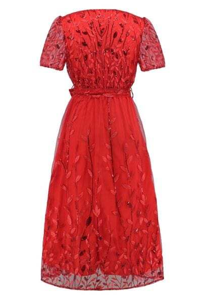 Sequin Leaf Embroidery Tie Front Short Sleeve Dress - Trendsi - Flyclothing LLC