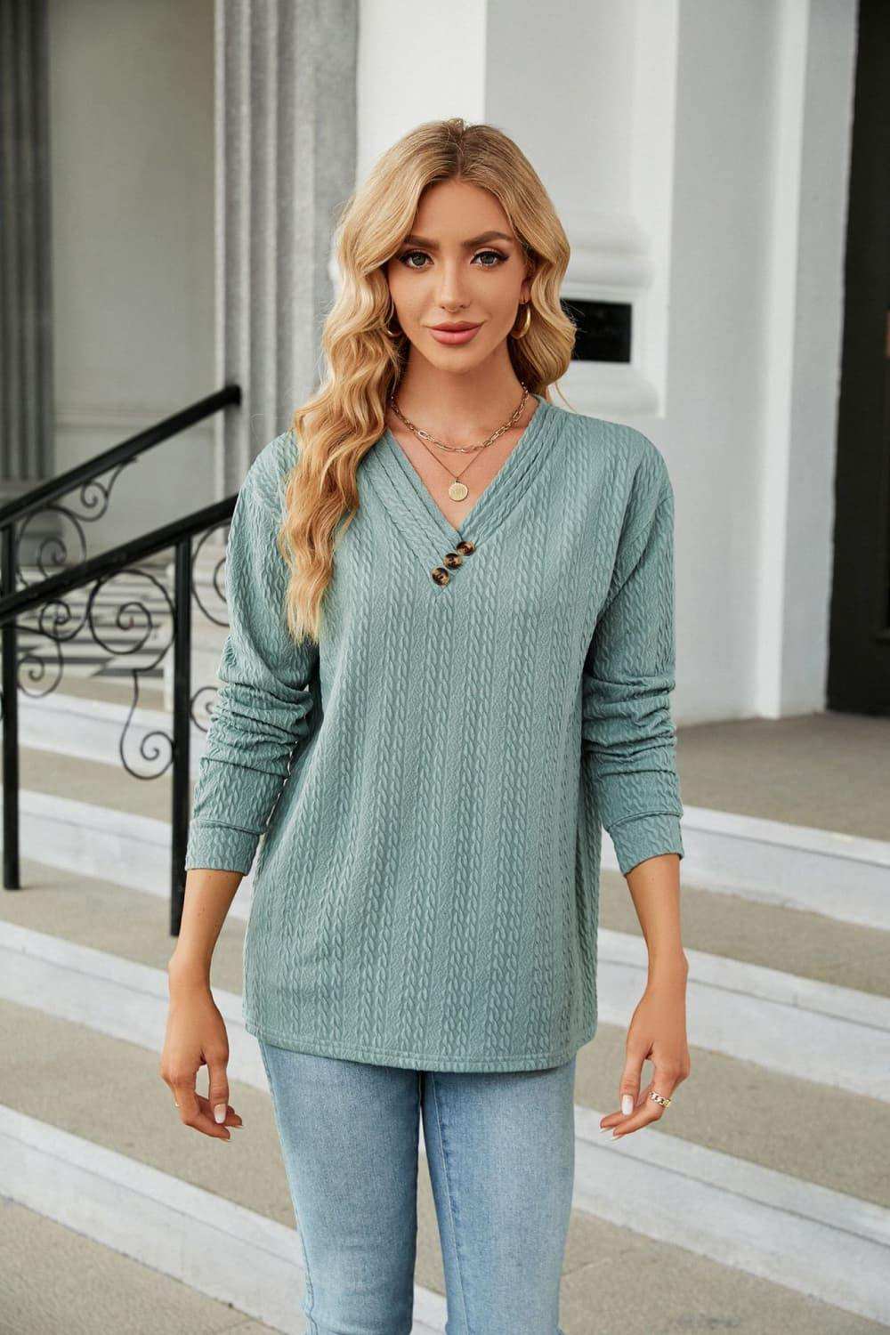 Decorative Button V-Neck Long Sleeve T-Shirt - Trendsi - Flyclothing LLC